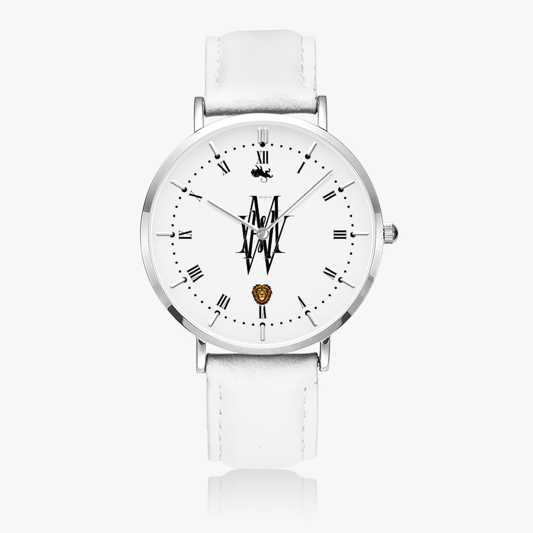 Most High Win: Thin Leather Strap Quartz Watch (Silver Indicators)